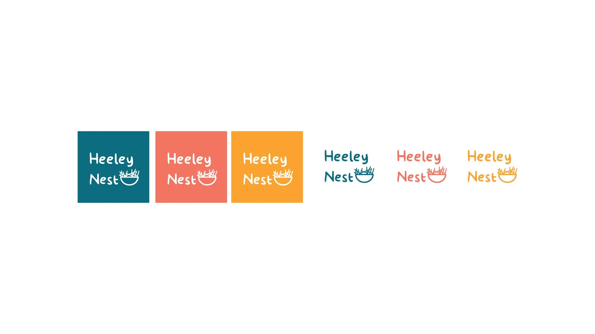 Heeley Nest logo variations in teal, coral and yellow