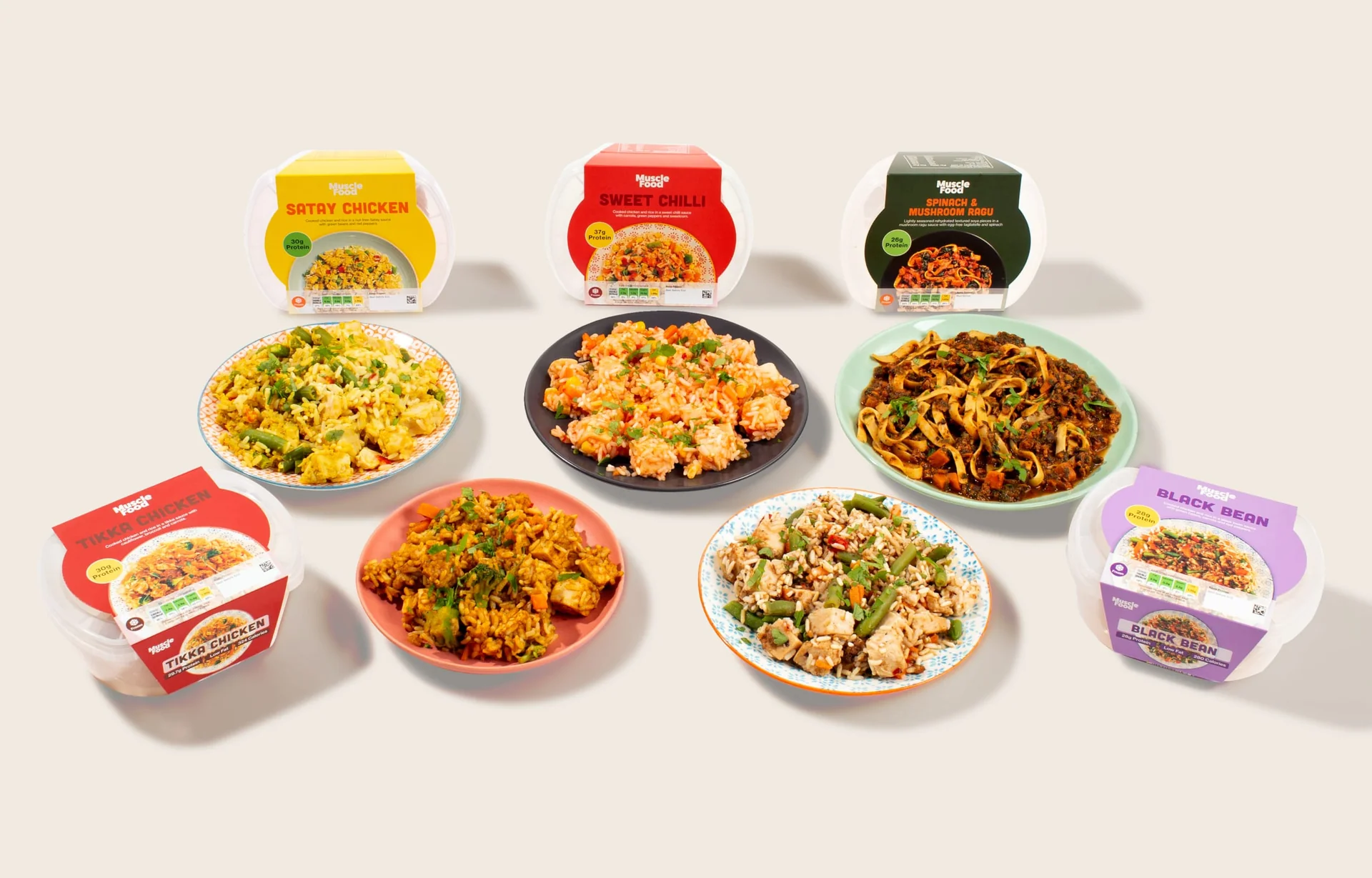 Prepped Pots meals presented alongside their colour-coded packaging