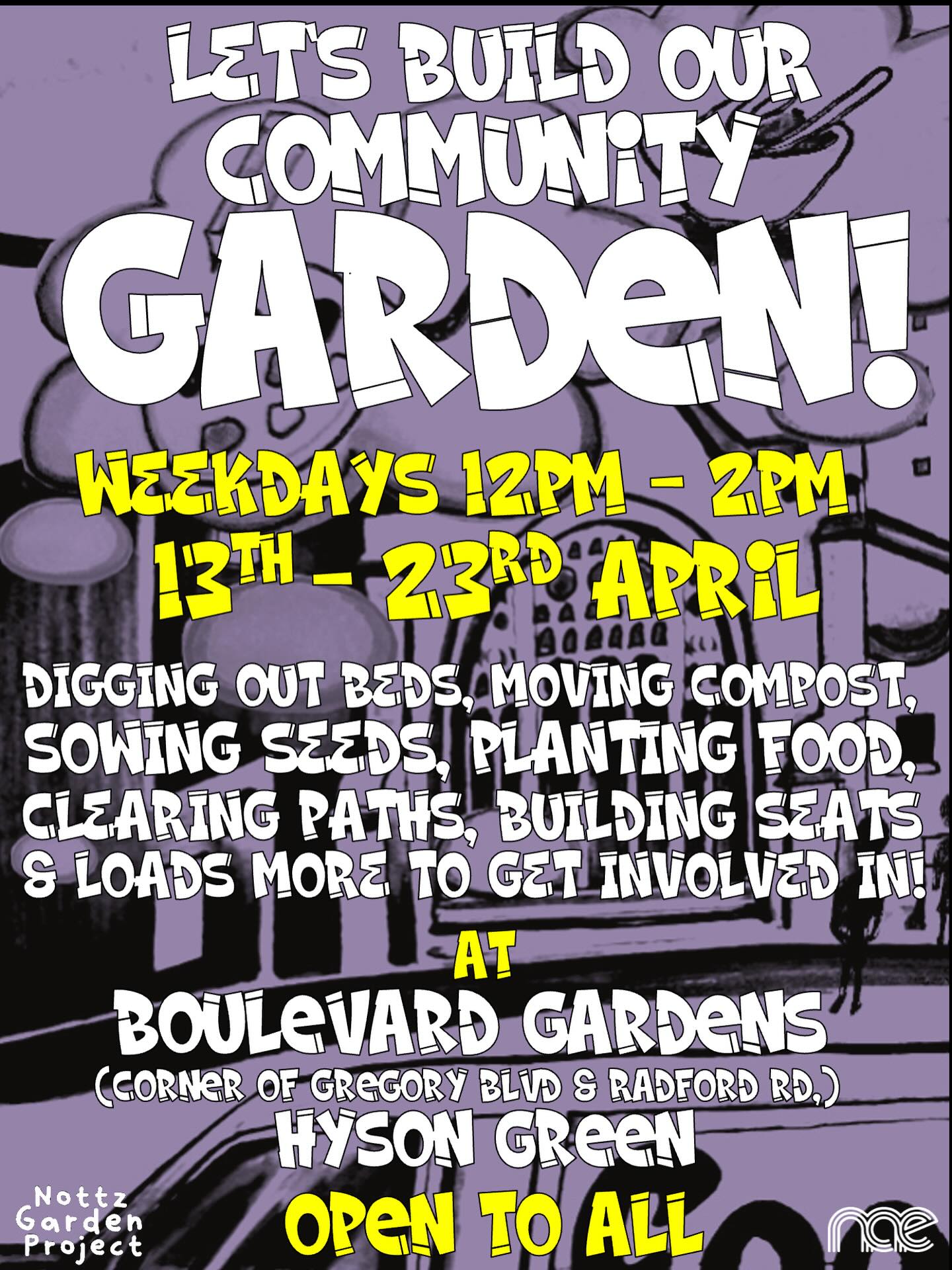 Original NGP Boulevard Gardens poster with handmade lettering, yellow details and a lilac background